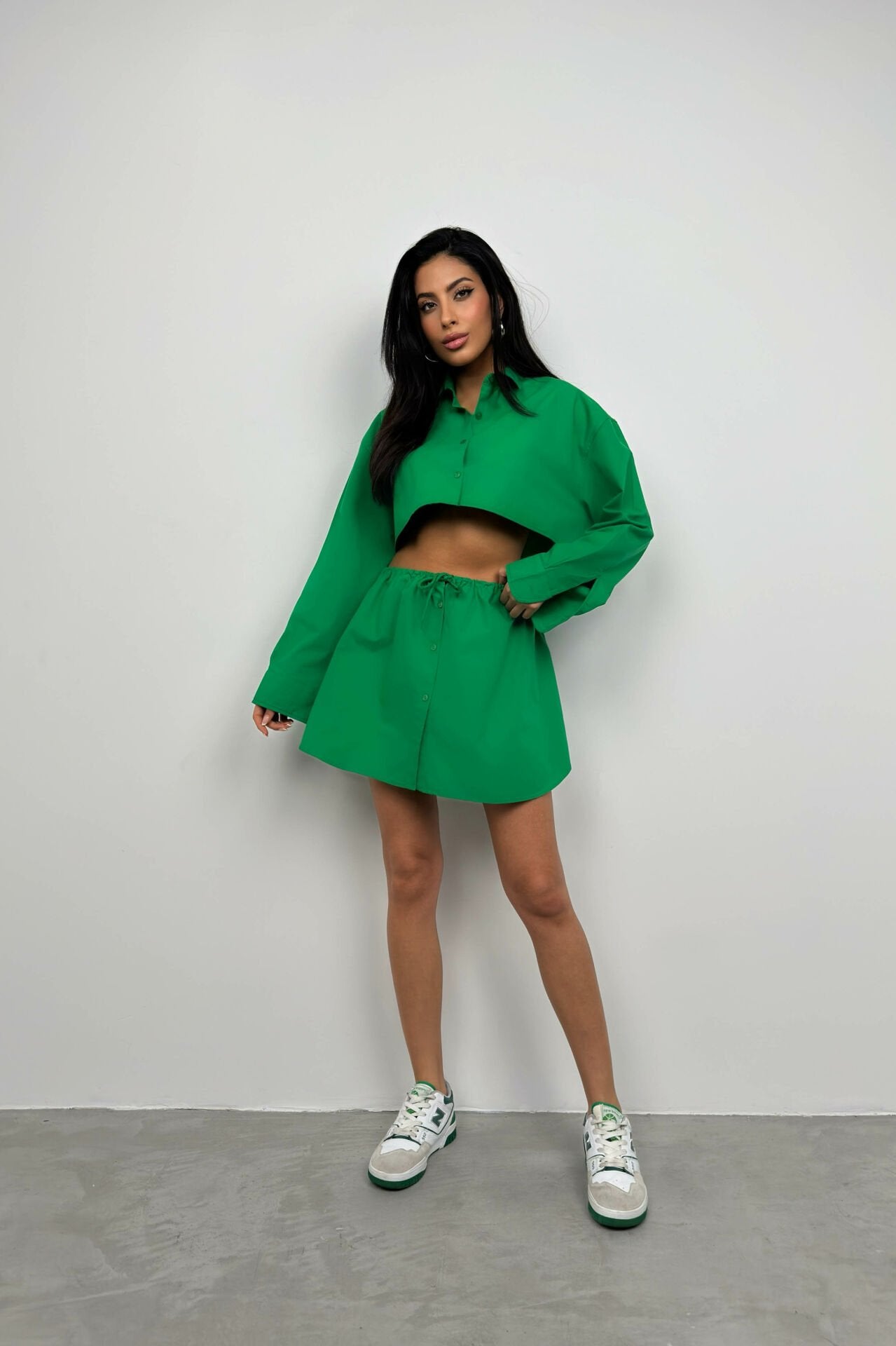 Elastic Waist Buttoned Green Mini Skirt