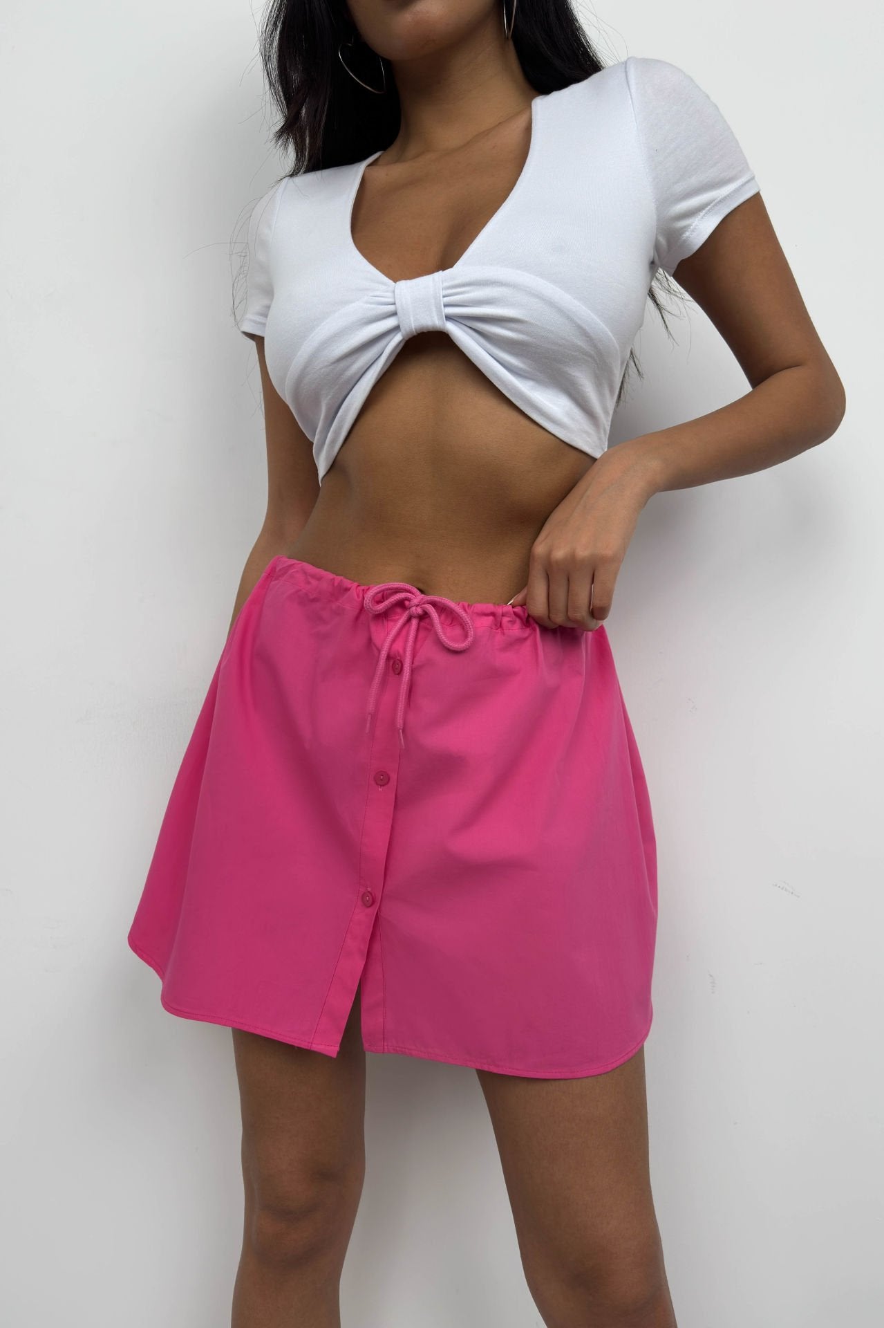 Elastic Waist Buttoned Fuchsia Mini Skirt