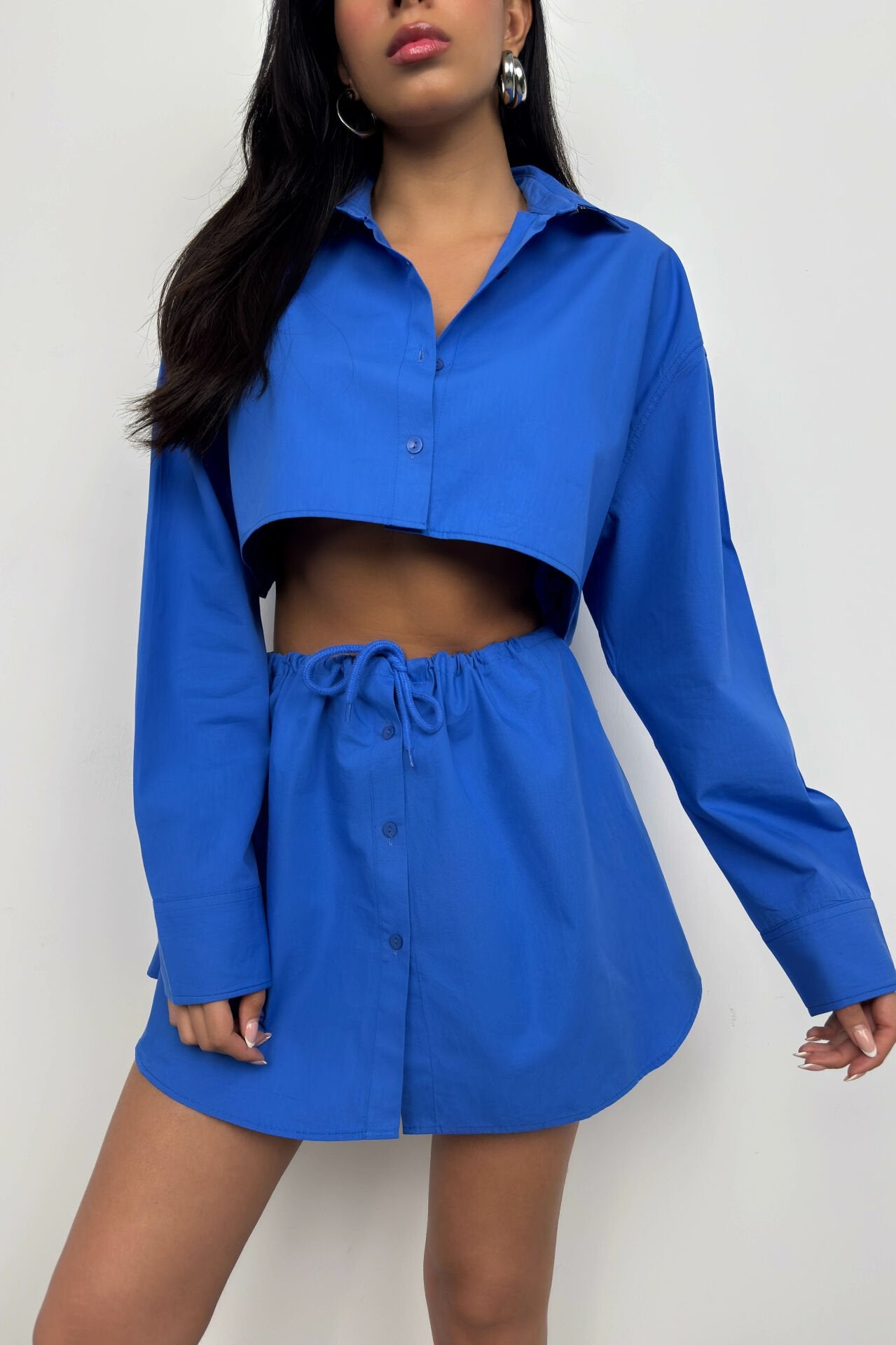 Elastic Waist Buttoned Cobalt Mini Skirt