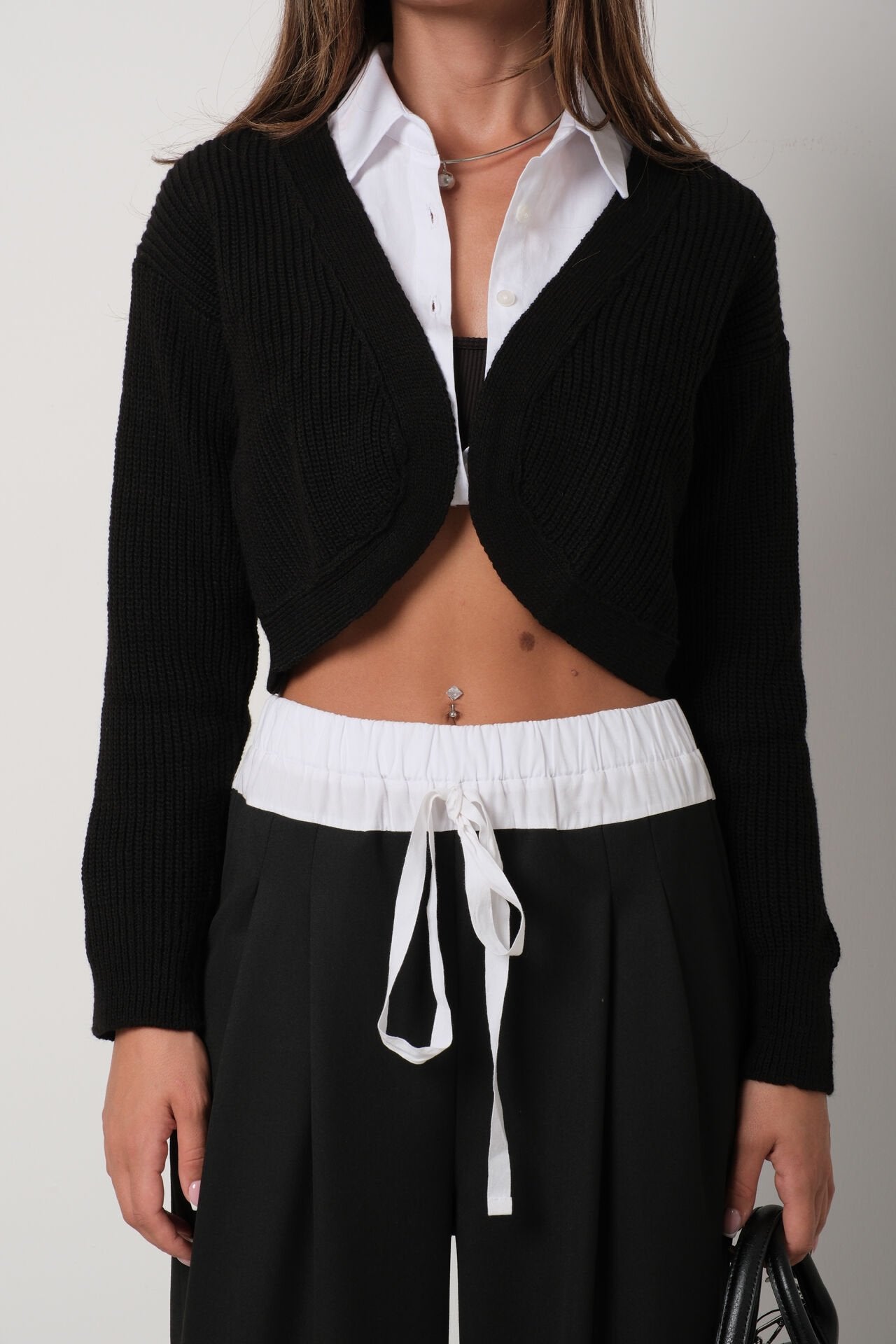 Piping Crop Black Knitwear Cardigan