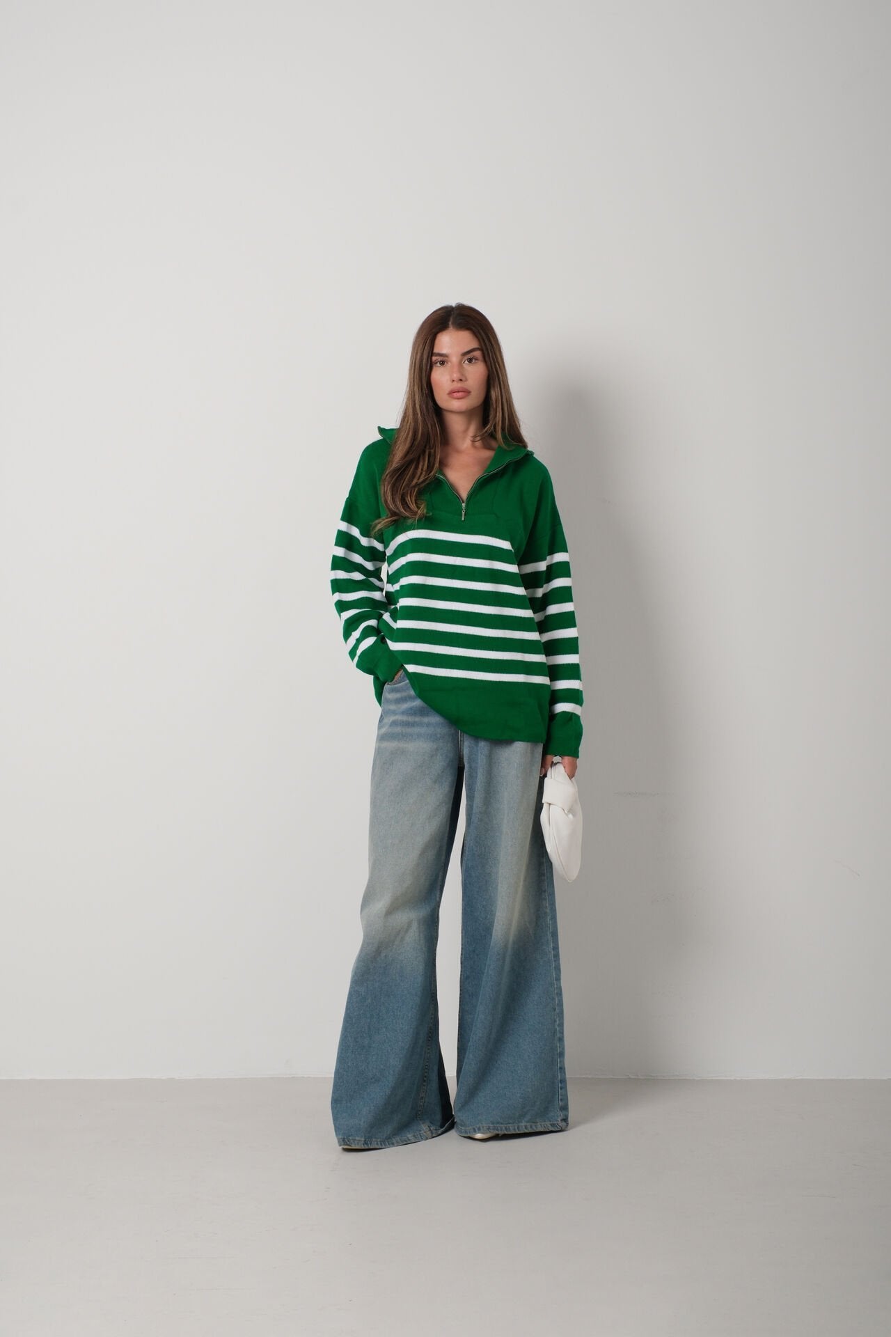 Emerald Stripe Zippered Knit Sweater