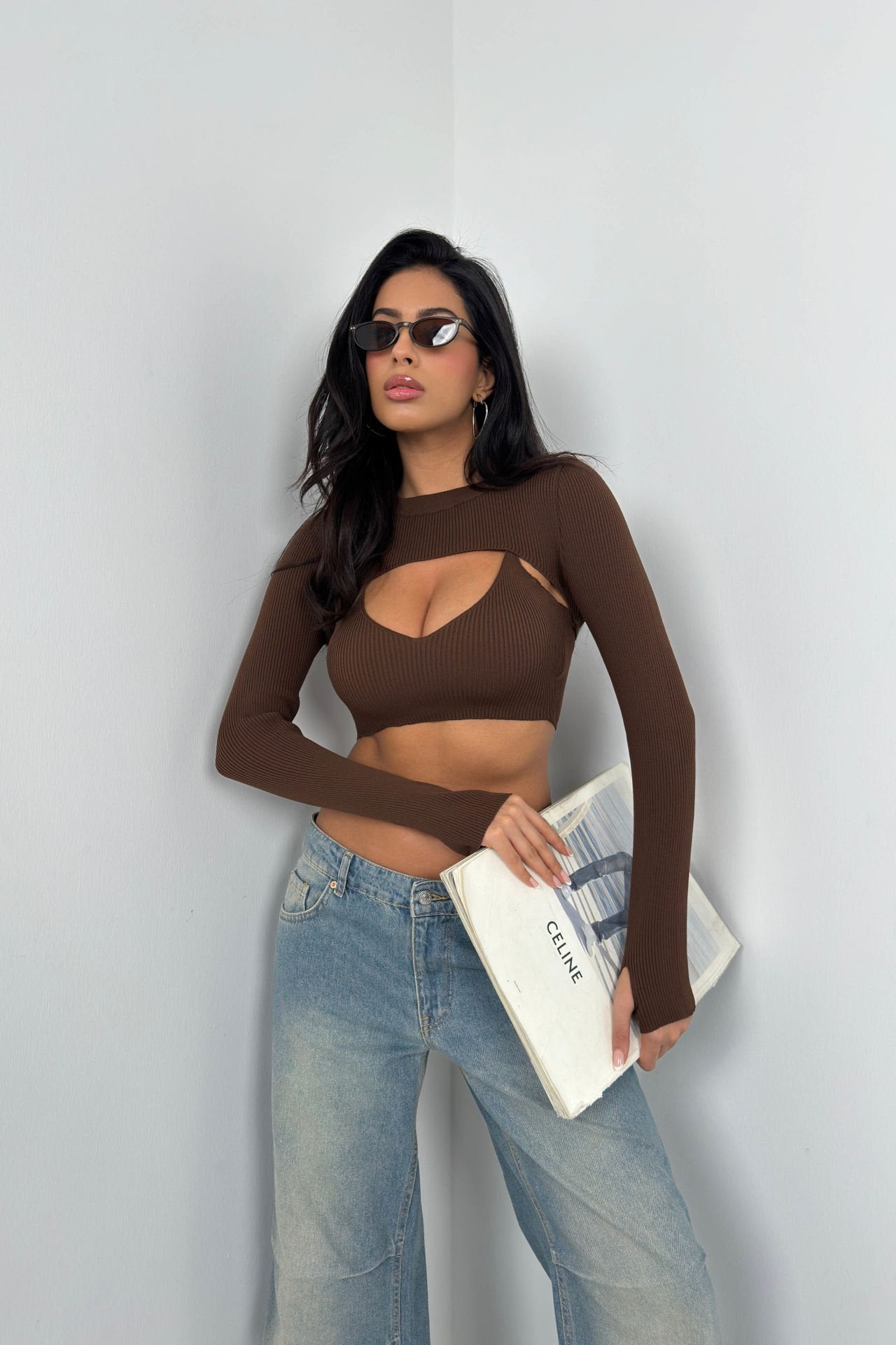 Gerippter BH-Bolero Braun Crop Set