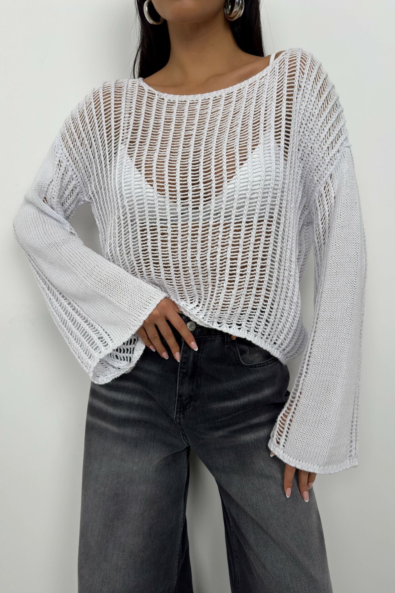 Ivory Breeze Openwork Knit Blouse – Stylish White Boat Neck Top