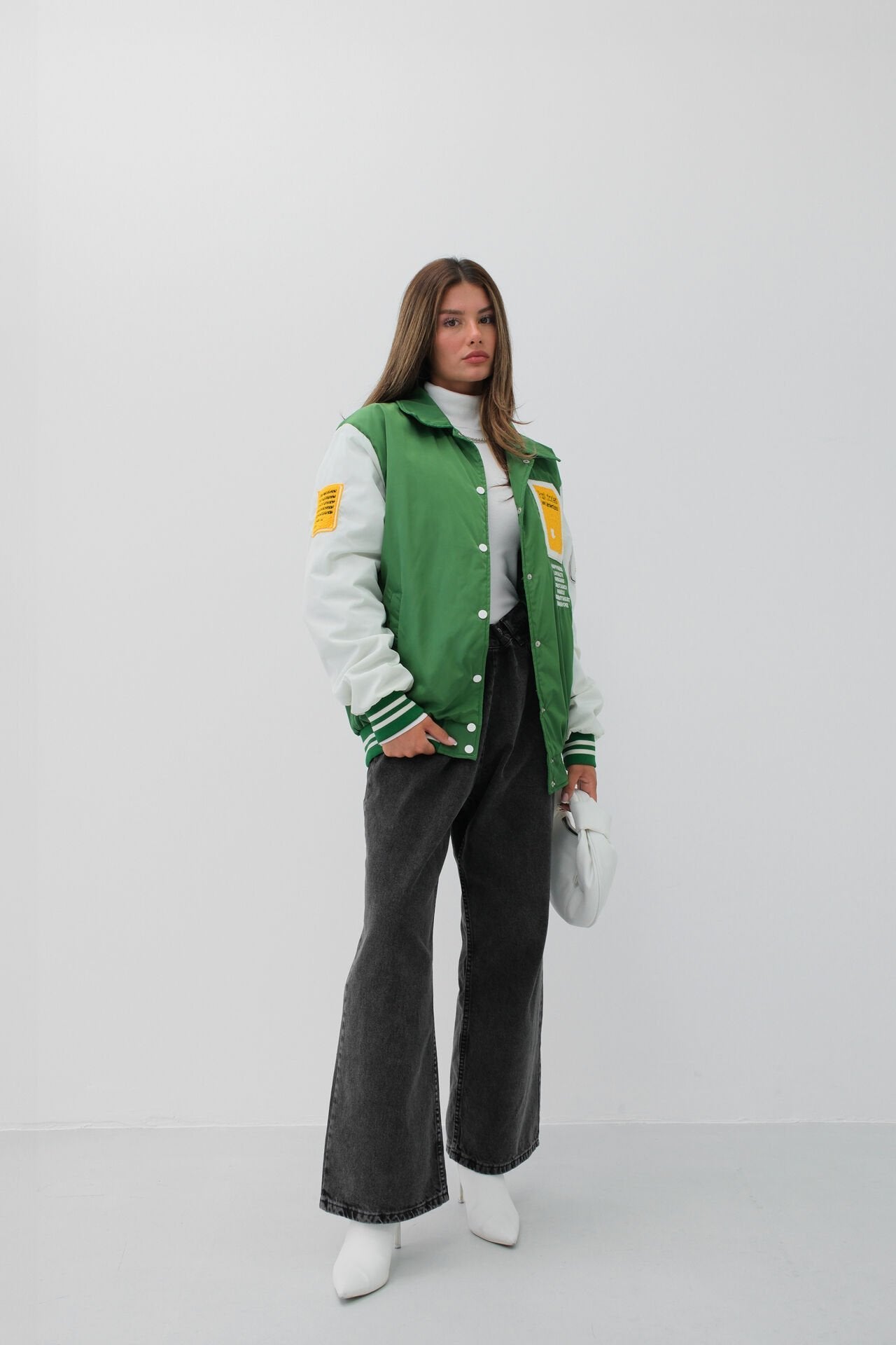 Varsity Green Oversized Polo Neck College Jacket