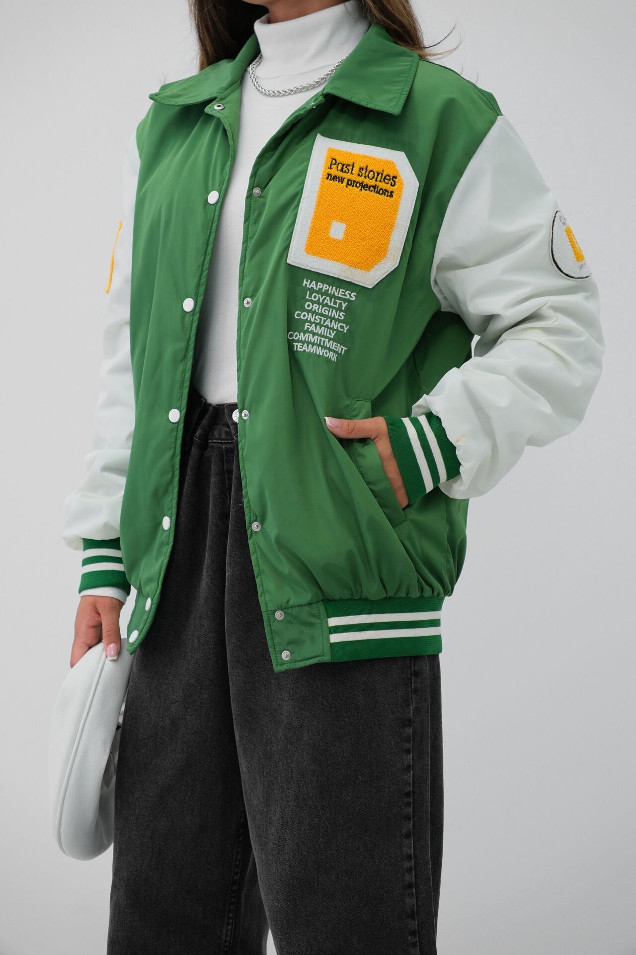 Varsity Green Oversized Polo Neck College Jacket